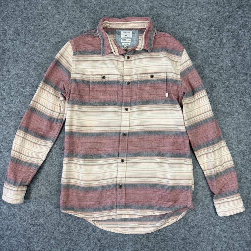 Quiksilver Striped Flannel Shirt Mens Small Regular Fit Long Sleeve Red Tan